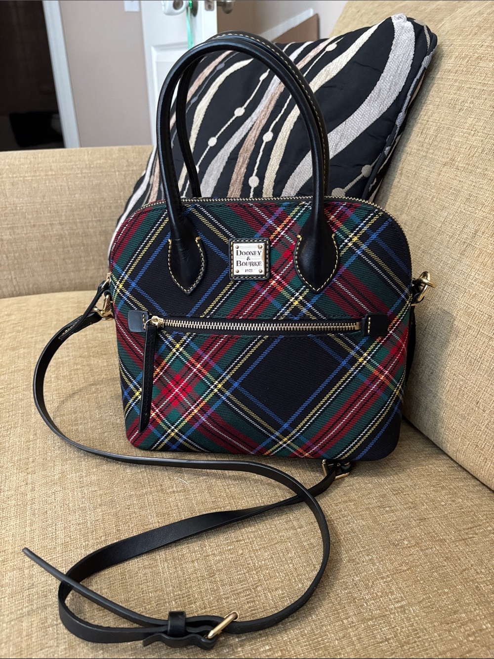 Dooney & Bourke Black Red Green Blue Tartan Domed Crossbody Zip Zip Bag